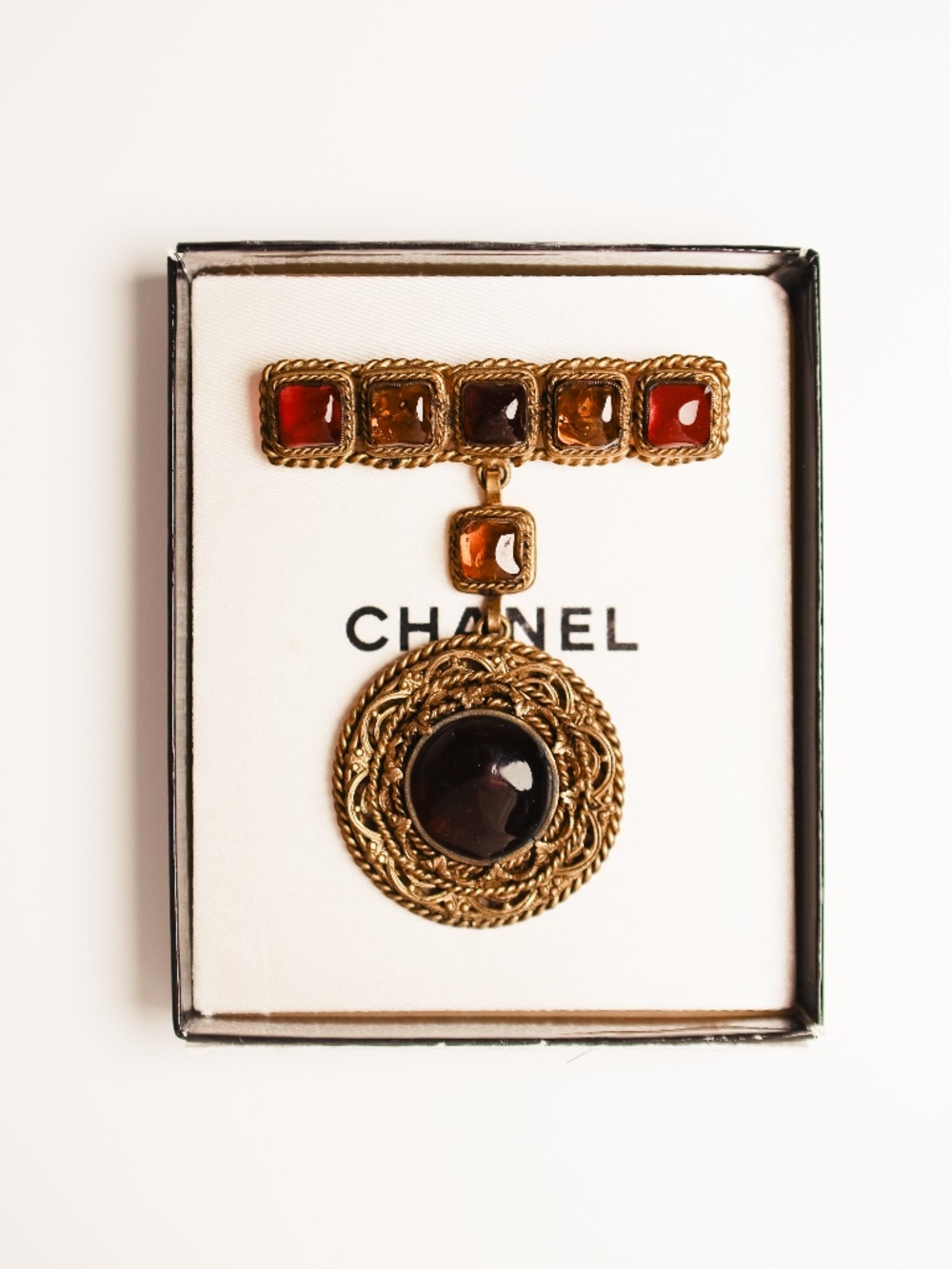 RARE Vintage 1994 CHANEL Gripoix Filigree Drop Bar Pin / Brooch
